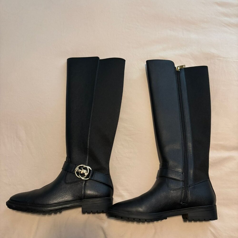 COACH WOMEN FARRAH EQUESTRIAN ELASTIC BLACK LOGO LEATHER RIDING BOOTS